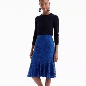 J Crew Blue Lace Pencil Skirt With Ruffle